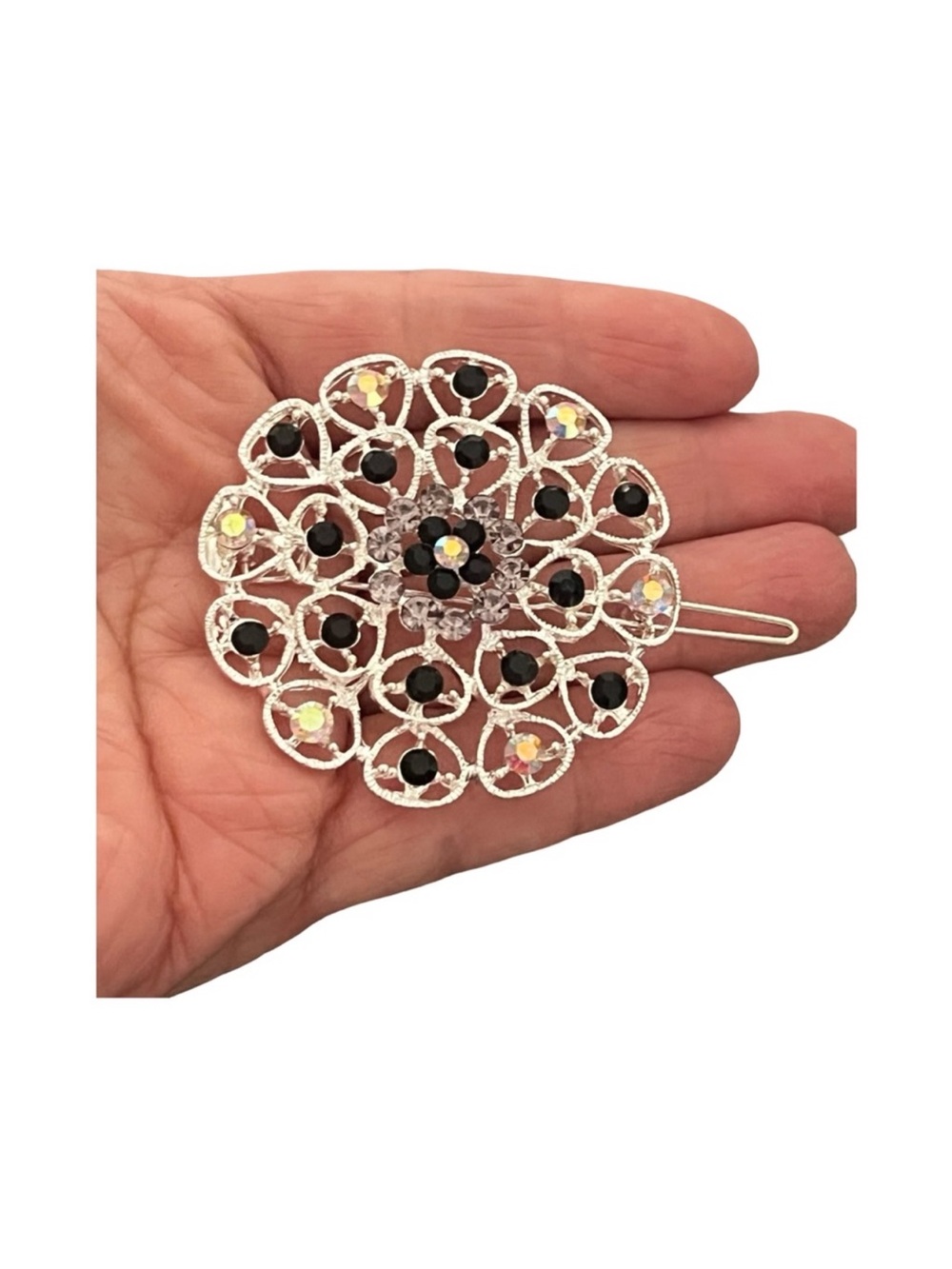 Silver-Tone Floral Filigree Hair Clip Black Iridescent Stones FINAL PRICE DROP